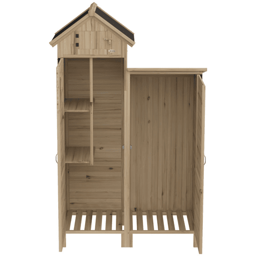 Outsunny Armário de Jardim de Madeira 106x57x167 cm Armário de Armazenamento com Dupla Zona Portas Prateleiras Removíveis Telhado Asfáltico Impermeável e Janela Madeira