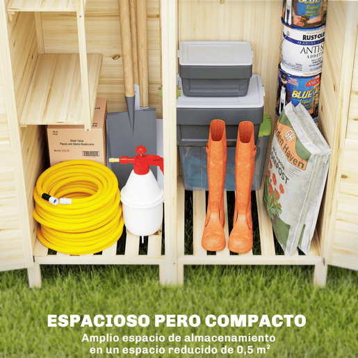 Outsunny Armário de Jardim de Madeira 106x57x167 cm Armário de Armazenamento com Dupla Zona Portas Prateleiras Removíveis Telhado Asfáltico Impermeável e Janela Madeira