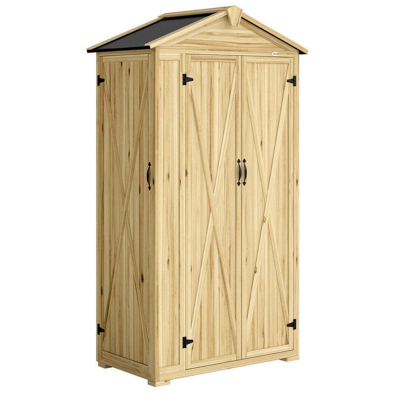 Outsunny caseta de jardín de madera 93x53x168 cm, cobertizo jardín exterior, armario exterior para herramientas con puertas bloqueables, 4 estantes, techo asfáltico inclinado y ganchos, madera natural