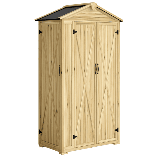 Outsunny Armário de Jardim em Madeira 93x53x168 cm Armário Exterior para Ferramentas com Portas Trancáveis 4 Prateleiras Telhado Asfáltico Inclinado e Ganchos Madeira