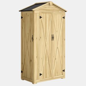 Outsunny Armário de Jardim em Madeira 93x53x168 cm Armário Exterior para Ferramentas com Portas Trancáveis 4 Prateleiras Telhado Asfáltico Inclinado e Ganchos Madeira