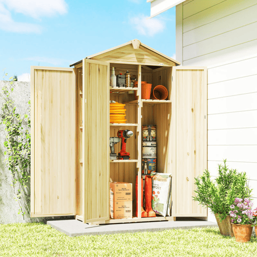 Outsunny Armário de Jardim em Madeira 93x53x168 cm Armário Exterior para Ferramentas com Portas Trancáveis 4 Prateleiras Telhado Asfáltico Inclinado e Ganchos Madeira