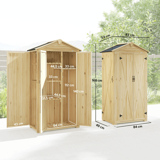 Outsunny Armário de Jardim em Madeira 93x53x168 cm Armário Exterior para Ferramentas com Portas Trancáveis 4 Prateleiras Telhado Asfáltico Inclinado e Ganchos Madeira