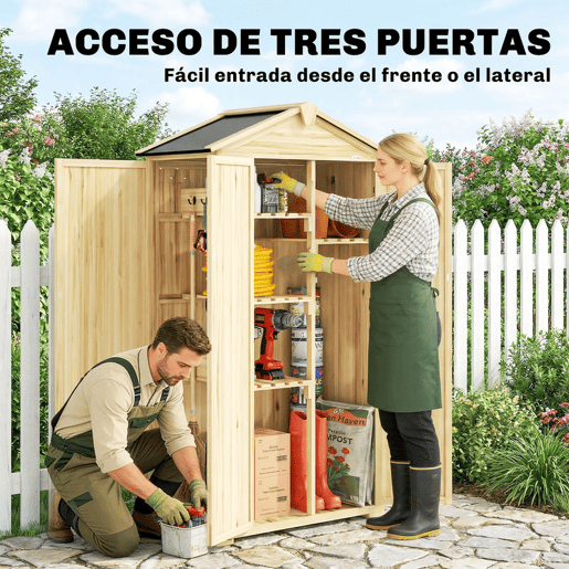 Outsunny Armário de Jardim em Madeira 93x53x168 cm Armário Exterior para Ferramentas com Portas Trancáveis 4 Prateleiras Telhado Asfáltico Inclinado e Ganchos Madeira