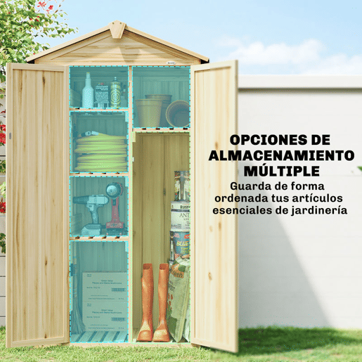 Outsunny Armário de Jardim em Madeira 93x53x168 cm Armário Exterior para Ferramentas com Portas Trancáveis 4 Prateleiras Telhado Asfáltico Inclinado e Ganchos Madeira