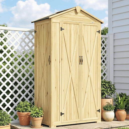 Outsunny Armário de Jardim em Madeira 93x53x168 cm Armário Exterior para Ferramentas com Portas Trancáveis 4 Prateleiras Telhado Asfáltico Inclinado e Ganchos Madeira