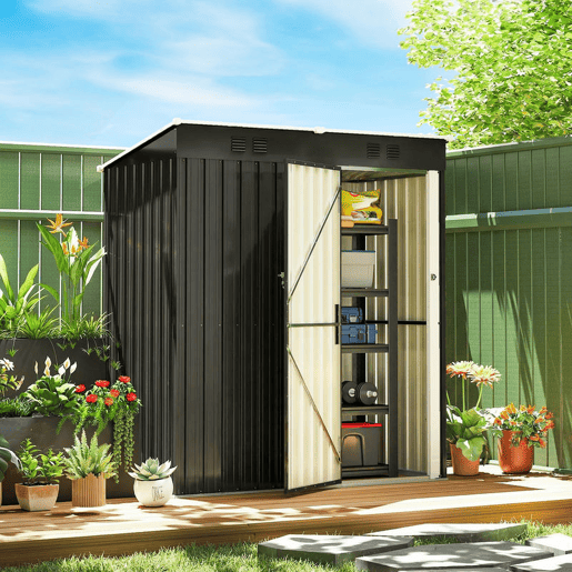 Outsunny Abrigo de Jardim Exterior 1,37 m² 163x90x179 cm, Abrigo de Jardim Metálico com Porta com Fechadura e Grelhas de Ventilação, para Armazenamento de Ferramentas, Cinzento Escuro
