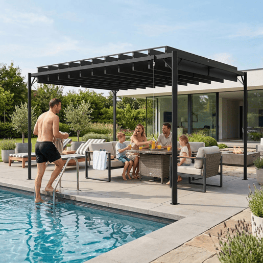 Outsunny Pérgola de Jardim 3x4 m, Gazebo com Teto de Lâminas Orientáveis, Estrutura de Metal, Proteção UPF50+, para Exterior, Terraço, Cinzento Escuro