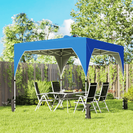 Outsunny Tenda Dobrável 3x3 m Pop-up Tenda de Jardim com Ventilação Superior Bloqueio Central UPF50+ Altura Ajustável 3 Níveis Bolsa de Transporte com Rodas Sacos de Areia Azul