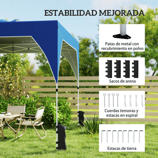 Outsunny Tenda Dobrável 3x3 m Pop-up Tenda de Jardim com Ventilação Superior Bloqueio Central UPF50+ Altura Ajustável 3 Níveis Bolsa de Transporte com Rodas Sacos de Areia Azul