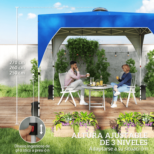 Outsunny Tenda Dobrável 3x3 m Pop-up Tenda de Jardim com Ventilação Superior Bloqueio Central UPF50+ Altura Ajustável 3 Níveis Bolsa de Transporte com Rodas Sacos de Areia Azul