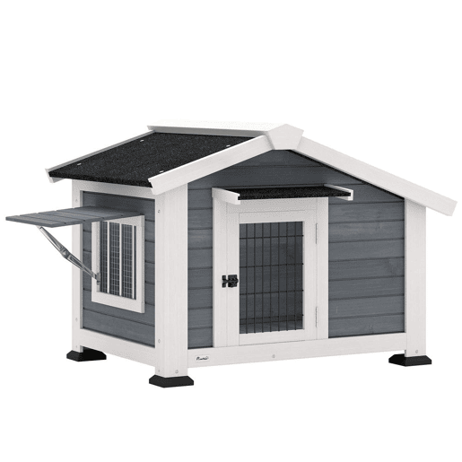 PawHut Casota para Cães de Exterior em Madeira Casa para Cães Médios com Teto de Asfalto Chão Removível Janela Basculante e Porta Ventilada Base Elevada 98x76x69,5 cm Cinzento