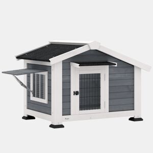 PawHut Casota para Cães de Exterior em Madeira Casa para Cães Médios com Teto de Asfalto Chão Removível Janela Basculante e Porta Ventilada Base Elevada 98x76x69,5 cm Cinzento