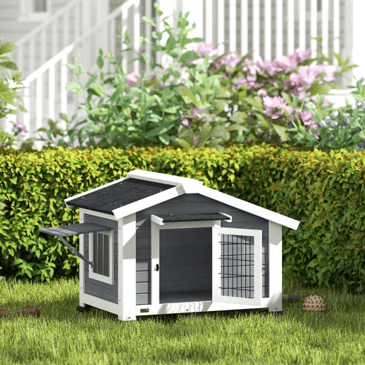 PawHut Casota para Cães de Exterior em Madeira Casa para Cães Médios com Teto de Asfalto Chão Removível Janela Basculante e Porta Ventilada Base Elevada 98x76x69,5 cm Cinzento