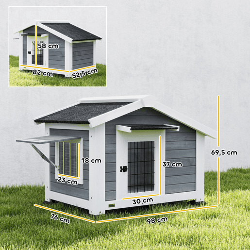 PawHut Casota para Cães de Exterior em Madeira Casa para Cães Médios com Teto de Asfalto Chão Removível Janela Basculante e Porta Ventilada Base Elevada 98x76x69,5 cm Cinzento