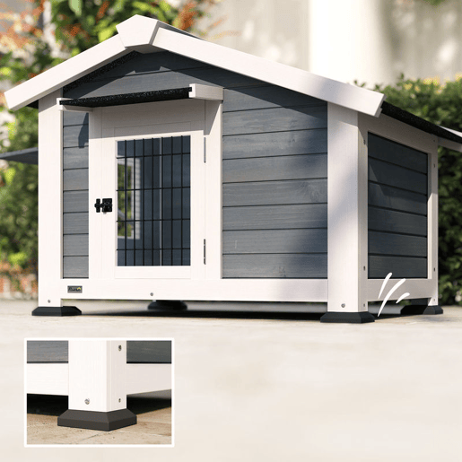 PawHut Casota para Cães de Exterior em Madeira Casa para Cães Médios com Teto de Asfalto Chão Removível Janela Basculante e Porta Ventilada Base Elevada 98x76x69,5 cm Cinzento