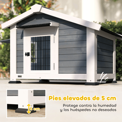 PawHut Casota para Cães de Exterior em Madeira Casa para Cães Médios com Teto de Asfalto Chão Removível Janela Basculante e Porta Ventilada Base Elevada 98x76x69,5 cm Cinzento