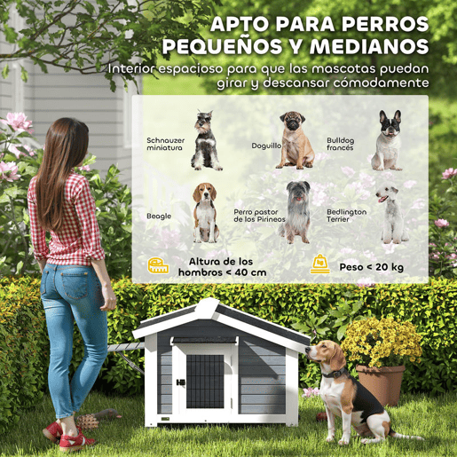 PawHut Casota para Cães de Exterior em Madeira Casa para Cães Médios com Teto de Asfalto Chão Removível Janela Basculante e Porta Ventilada Base Elevada 98x76x69,5 cm Cinzento