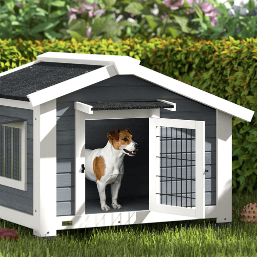 PawHut Casota para Cães de Exterior em Madeira Casa para Cães Médios com Teto de Asfalto Chão Removível Janela Basculante e Porta Ventilada Base Elevada 98x76x69,5 cm Cinzento