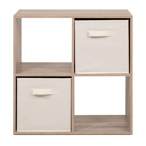 Estante Cubo April 4, Estante Independente com 2 Gavetas, Tecido Branco Fosco e Cinza, 60x60x28 cm