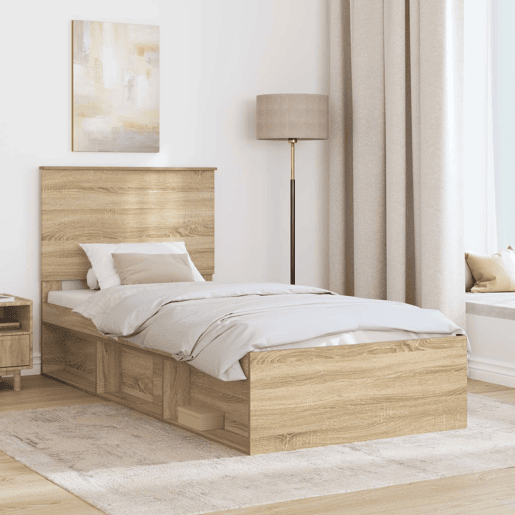Estrutura de cama de solteiro moderno com cabeceira - Carvalho Sonoma 75 x 190 cm