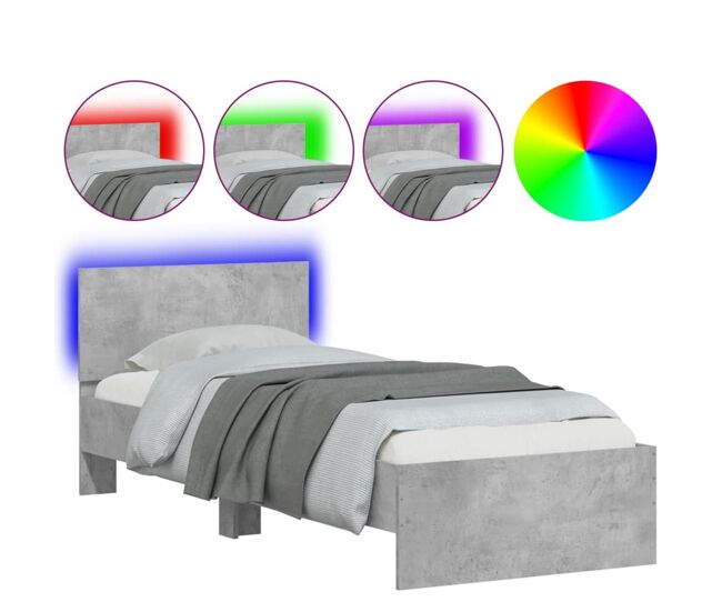 Estructura de cama individual para adultos - cabecero luces led gris hormigón 75x190 cm