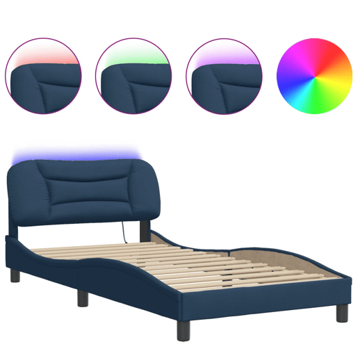 Estrutura de cama de solteiro para adultos com LED 100x200 cm tecido azul