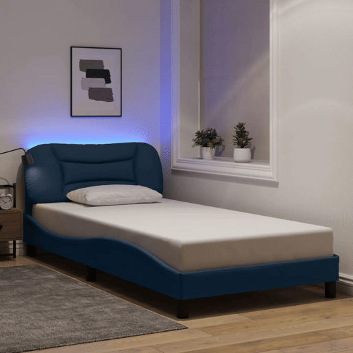 Estrutura de cama de solteiro para adultos com LED 100x200 cm tecido azul