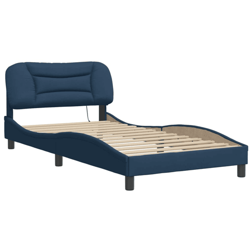 Estrutura de cama de solteiro para adultos com LED 100x200 cm tecido azul