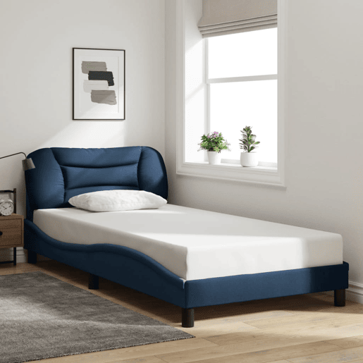Estrutura de cama de solteiro para adultos com LED 100x200 cm tecido azul