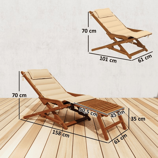 Outsunny Espreguiçadeira Dobrável de Madeira de Acácia Cadeira de Jardim com Descanso para os Pés Removível e Almofada com Apoio de Cabeça Carga 160 kg, para Terraço Jardim Praia 158x61x70 cm Bege