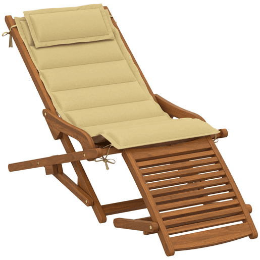 Outsunny Espreguiçadeira Dobrável de Madeira de Acácia Cadeira de Jardim com Descanso para os Pés Removível e Almofada com Apoio de Cabeça Carga 160 kg, para Terraço Jardim Praia 158x61x70 cm Bege