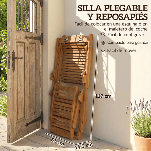 Outsunny Espreguiçadeira Dobrável de Madeira de Acácia Cadeira de Jardim com Descanso para os Pés Removível e Almofada com Apoio de Cabeça Carga 160 kg, para Terraço Jardim Praia 158x61x70 cm Bege