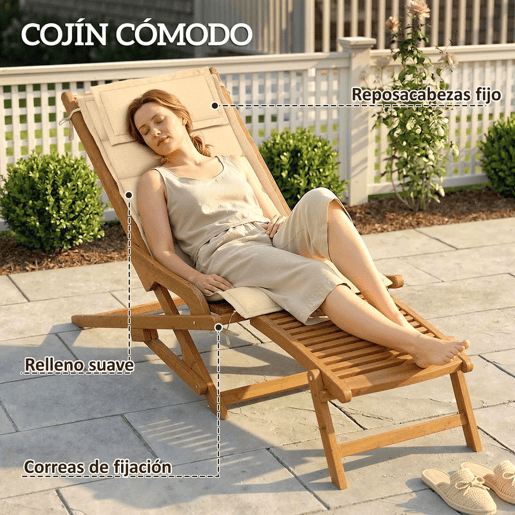 Outsunny Espreguiçadeira Dobrável de Madeira de Acácia Cadeira de Jardim com Descanso para os Pés Removível e Almofada com Apoio de Cabeça Carga 160 kg, para Terraço Jardim Praia 158x61x70 cm Bege