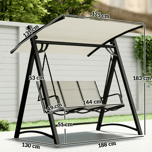 Outsunny Baloiço de Jardim de 3 Lugares Baloiço de Exterior com Teto Ajustável UPF50+ Assento Transpirável e Estrutura em Metal para Pátio Terraço Capacidade 360 kg 188x130x183 cm Creme