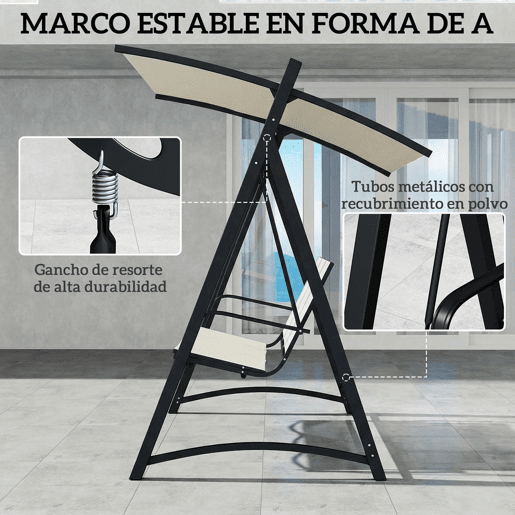 Outsunny Baloiço de Jardim de 3 Lugares Baloiço de Exterior com Teto Ajustável UPF50+ Assento Transpirável e Estrutura em Metal para Pátio Terraço Capacidade 360 kg 188x130x183 cm Creme