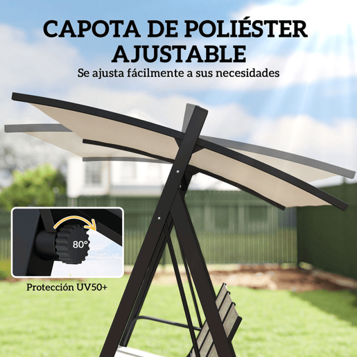 Outsunny Baloiço de Jardim de 3 Lugares Baloiço de Exterior com Teto Ajustável UPF50+ Assento Transpirável e Estrutura em Metal para Pátio Terraço Capacidade 360 kg 188x130x183 cm Creme