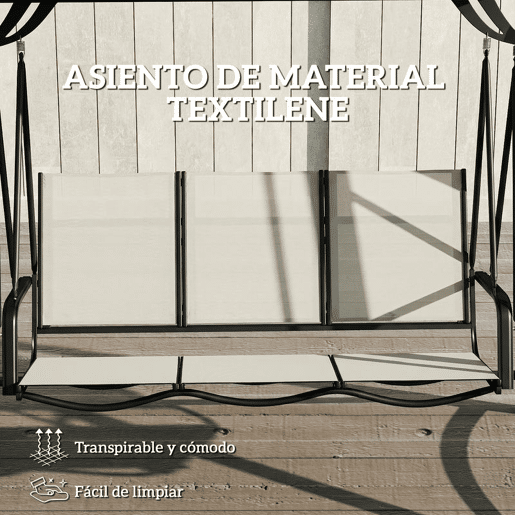 Outsunny Baloiço de Jardim de 3 Lugares Baloiço de Exterior com Teto Ajustável UPF50+ Assento Transpirável e Estrutura em Metal para Pátio Terraço Capacidade 360 kg 188x130x183 cm Creme