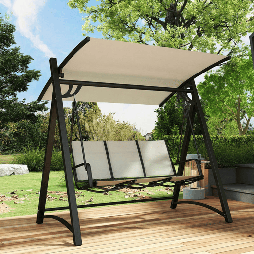 Outsunny Baloiço de Jardim de 3 Lugares Baloiço de Exterior com Teto Ajustável UPF50+ Assento Transpirável e Estrutura em Metal para Pátio Terraço Capacidade 360 kg 188x130x183 cm Creme