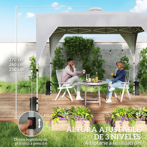 Outsunny Tenda Dobrável 3x3 m Pop-up Tenda de Jardim com Ventilação Superior Bloqueio Central UPF50+ Altura Ajustável 3 Níveis Bolsa de Transporte com Rodas Sacos de Areia Cinza