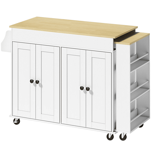 HOMCOM Ilha de Cozinha com Rodas Tampo Extensível Carrinho de Cozinha com 4 Portas Prateleiras Ajustáveis Estante Lateral Aberta Porta-Especiarias e Suporte para Toalhas para Sala de Jantar Branco