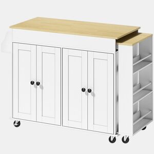 HOMCOM Ilha de Cozinha com Rodas Tampo Extensível Carrinho de Cozinha com 4 Portas Prateleiras Ajustáveis Estante Lateral Aberta Porta-Especiarias e Suporte para Toalhas para Sala de Jantar Branco
