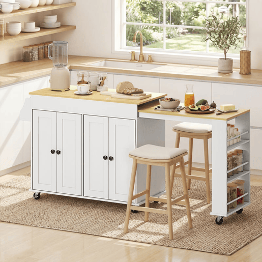 HOMCOM Ilha de Cozinha com Rodas Tampo Extensível Carrinho de Cozinha com 4 Portas Prateleiras Ajustáveis Estante Lateral Aberta Porta-Especiarias e Suporte para Toalhas para Sala de Jantar Branco