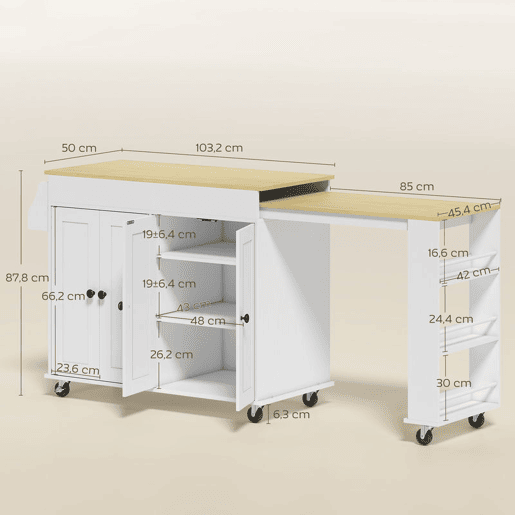 HOMCOM Ilha de Cozinha com Rodas Tampo Extensível Carrinho de Cozinha com 4 Portas Prateleiras Ajustáveis Estante Lateral Aberta Porta-Especiarias e Suporte para Toalhas para Sala de Jantar Branco