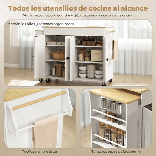HOMCOM Ilha de Cozinha com Rodas Tampo Extensível Carrinho de Cozinha com 4 Portas Prateleiras Ajustáveis Estante Lateral Aberta Porta-Especiarias e Suporte para Toalhas para Sala de Jantar Branco