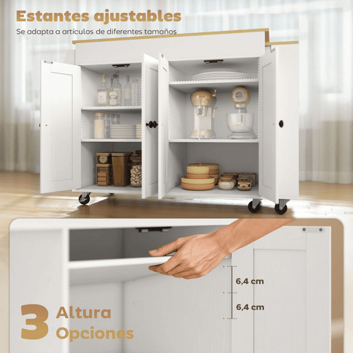 HOMCOM Ilha de Cozinha com Rodas Tampo Extensível Carrinho de Cozinha com 4 Portas Prateleiras Ajustáveis Estante Lateral Aberta Porta-Especiarias e Suporte para Toalhas para Sala de Jantar Branco