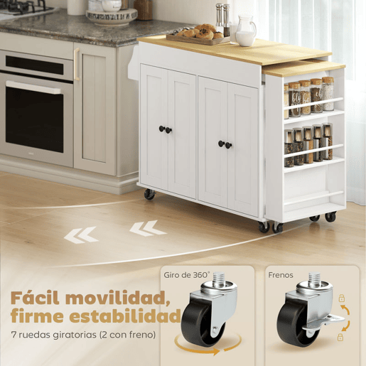 HOMCOM Ilha de Cozinha com Rodas Tampo Extensível Carrinho de Cozinha com 4 Portas Prateleiras Ajustáveis Estante Lateral Aberta Porta-Especiarias e Suporte para Toalhas para Sala de Jantar Branco
