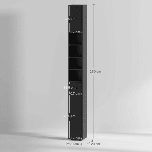 kleankin Armário Alto para Casa de Banho Coluna Estreita com 1 Gaveta 4 Prateleiras Abertas e Prateleiras Ajustáveis 2 Portas Estilo Moderno para Espaços Pequenos 20x20x180 cm Preto