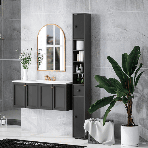 kleankin Armário Alto para Casa de Banho Coluna Estreita com 1 Gaveta 4 Prateleiras Abertas e Prateleiras Ajustáveis 2 Portas Estilo Moderno para Espaços Pequenos 20x20x180 cm Preto