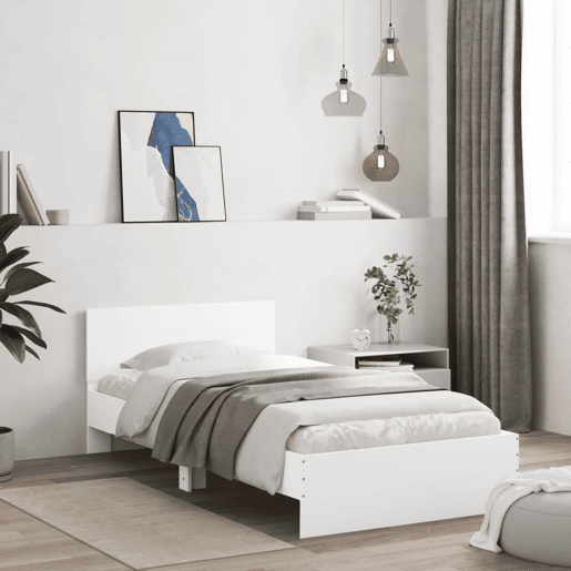Estrutura de cama de solteiro para adultos com cabeceira e luzes LED 100x200 cm branco
